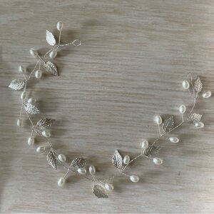 Silver ivy and pearl wire hair piece , headband